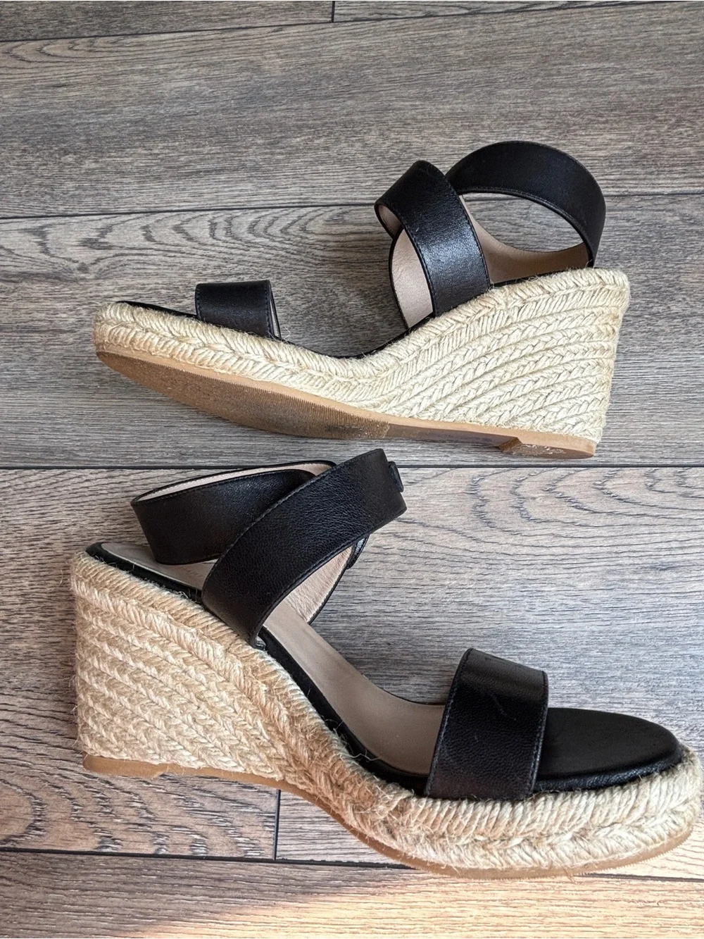 Stuart Weitzman Lexia Espadrille Leather Ankle Strap Black Wedge Sandal Sz 8